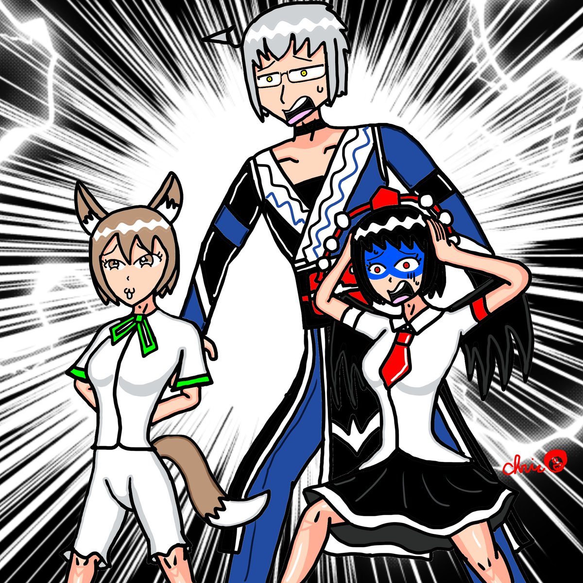 ChrisJr9481's tweet photo. アイドル龍

#飯綱丸龍 #射命丸文 #森近霖之助 #菅牧典
#東方Project #デジタルイラスト https://t.co/Z0XcgmZ6te