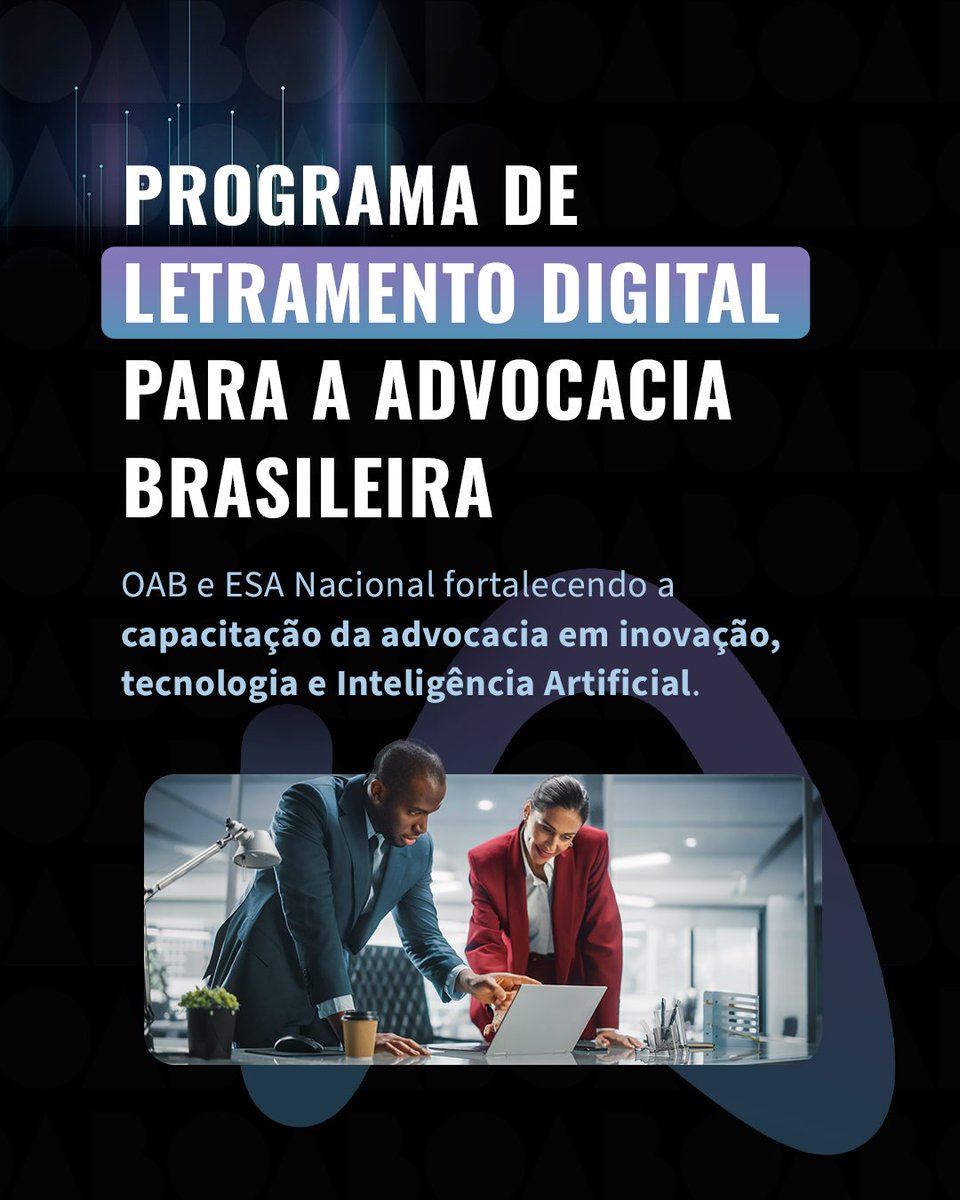 CFOAB's tweet photo. A OAB Nacional lança oficialmente o Plano Nacional de Integração da Inteligência Artificial na Advocacia (AdvocacIA), iniciativa que busca orientar o uso ético, seguro e estratégico das novas tecnologias no exercício da profissão.

Nesse contexto, a ESA Nacional reforça o seu compromisso com a capacitação da advocacia brasileira, ampliando o acesso a formações voltadas à inovação, tecnologia e Inteligência Artificial por meio do Programa de Letramento Digital para a Advocacia Brasileira.

Afinal, a transformação digital já faz parte da realidade da profissão, e estar preparado para utilizá-la com responsabilidade é essencial para construir o futuro da advocacia.

Acesse o site da ESA Nacional https://t.co/tHptNXGSlL e conheça os cursos disponíveis.