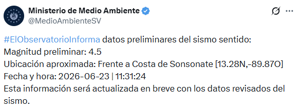 TendenciasSV's tweet photo. #LoUltimo - Sismo percibido de magnitud preliminar: 4.5 Ubicación aproximada: Frente a Costa de Sonsonate https://t.co/1knoltsu3H