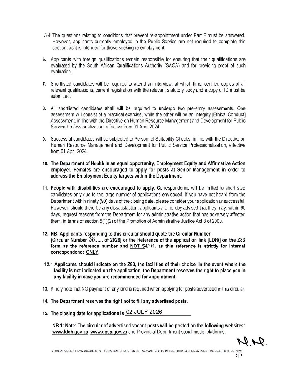CarolBoitumelo1's tweet photo. Pharmacist Assistant (Post Basic) x147 posts 

Limpopo Department of Health 

Closing Date 02 July 2026
To apply click on the link below 
https://t.co/ZMtNlyyhM7 https://t.co/Sfm3DX1xwp