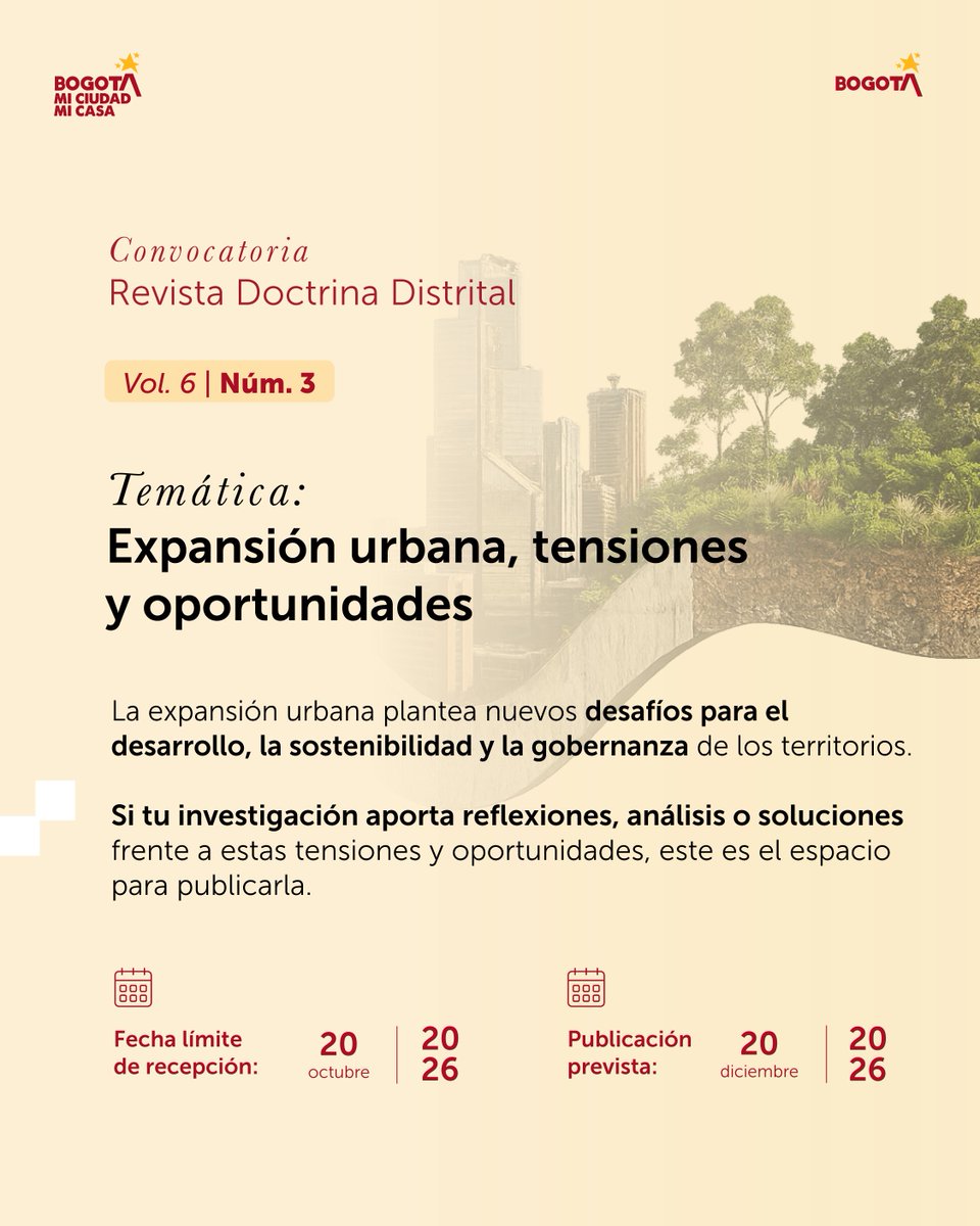 juridicadistri's tweet photo. 📝 ¡Convocatoria abierta! 
La Revista Doctrina Distrital busca artículos para su Vol. 6, No. 3.
Si eres investigador o profesional y trabajas temas de expansión urbana y decisiones públicas, ¡postúlate ya! 🏙️Consulta los términos de la convocatoria👇 https://t.co/H0D85OHtj7 https://t.co/U73CSh9Xc0