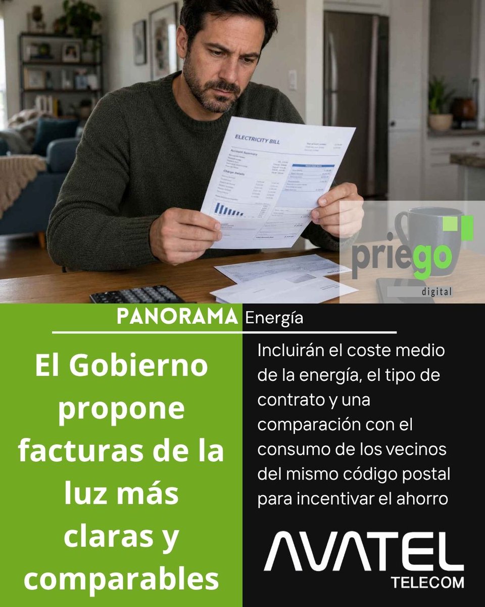 PriegoDigital's tweet photo. El Gobierno propone facturas de la luz más claras y comparables
👉La nueva factura incluirá el coste medio de la energía, el tipo de contrato y una comparación con el consumo de los vecinos del mismo código postal para incentivar el ahorro

  #MITECO #Electricidad #Autoconsumo https://t.co/qL7Ai6AUPS