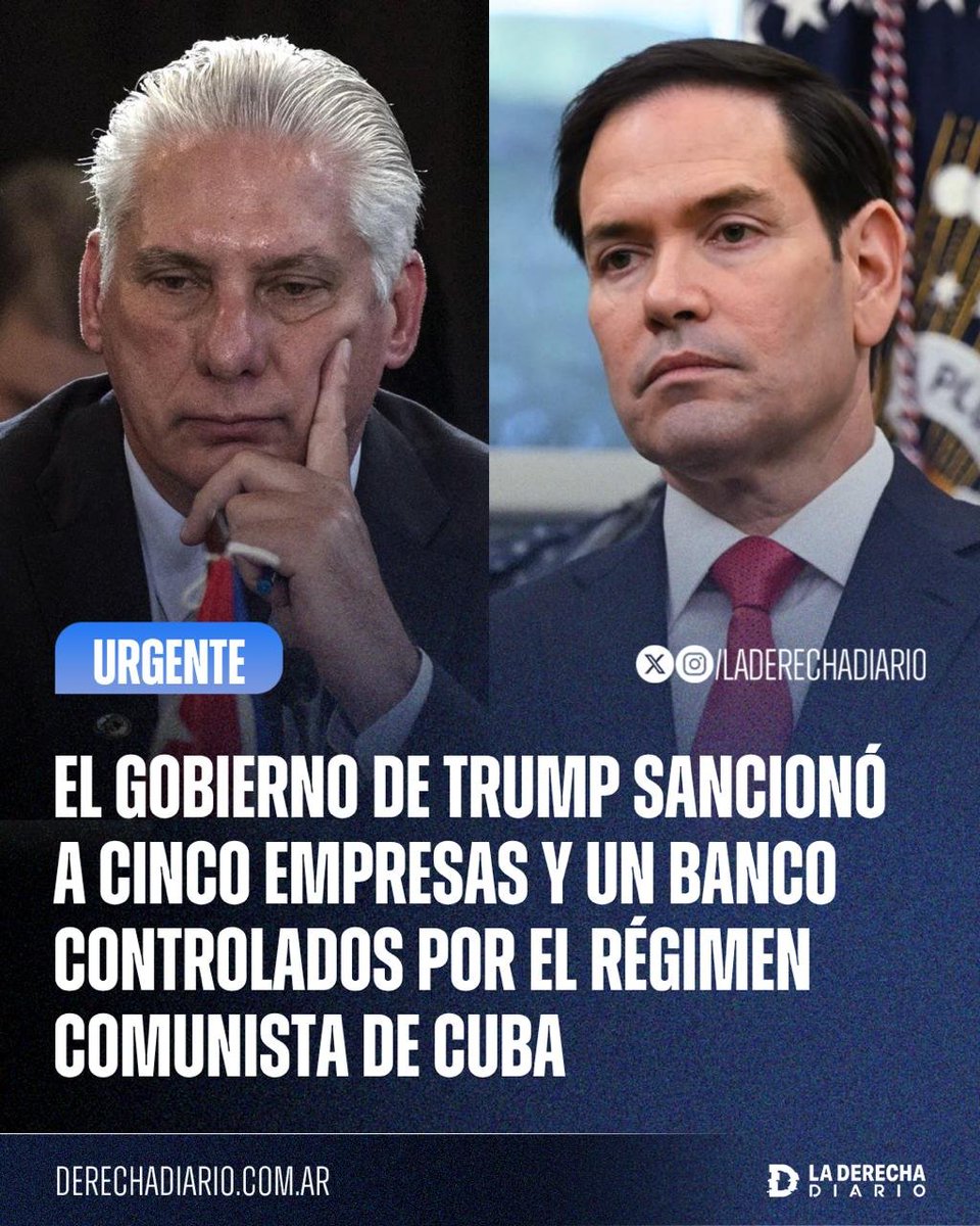 laderechadiario's tweet photo. 🚨🇺🇸🇨🇺 | SE LES ACABA EL NEGOCIO: Marco Rubio anunció nuevas sanciones contra cinco empresas clave del régimen cubano y una persona vinculada a la familia Castro, acusadas de enriquecer a la cúpula comunista mientras empobrecen al pueblo cubano.

Las empresas sancionadas son:

- Almacenes Universales S.A. (AUSA), dedicada a logística y transporte.
- RAFIN S.A., brazo financiero del conglomerado militar GAESA.
- Banco Financiero Internacional (BFI), uno de los principales bancos utilizados por el régimen.
- GEOMINERA S.A., encargada de explotar recursos minerales.
- Empresa Siderúrgica José Martí (Antillana de Acero), la principal productora de acero de Cuba.

Además, fue sancionada Annalie Lilliam Rueda Cardero, esposa de Alejandro Castro Espín, hijo de Raúl Castro.

Rubio advirtió que cualquier banco o empresa extranjera que continúe haciendo negocios con estas entidades podría enfrentar sanciones por parte de Estados Unidos.
