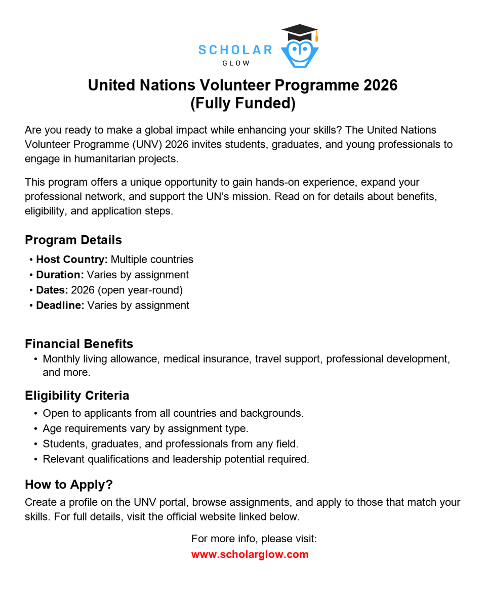scholarglow's tweet photo. 🌍🚀 United Nations Volunteer Programme 2026

📅 Assignments open throughout 2026
⏳ Deadline: Varies by assignment (apply as soon as possible)

More details:
https://t.co/GoGguj1Il4

#UNV #Volunteer #GlobalImpact #FullyFunded #Scholarship #ProfessionalDevelopment https://t.co/Uiv175ytyW
