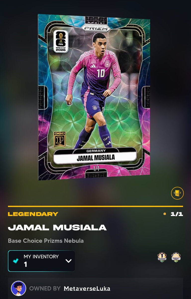 MetaverseLuka's tweet photo. Joining the #BAYC  has been straight-up lucky for me. I randomly grabbed a #WorldCup pack on the #Paniniblockchain secondary market and boom—pulled the #prizm Nebula 1/1 #Musiala! The kit colors match the Nebula artwork perfectly. Absolute madness. Hope every single member of this club stays this blessed! 🙌✨
@spinotron @NFTsEveryday
