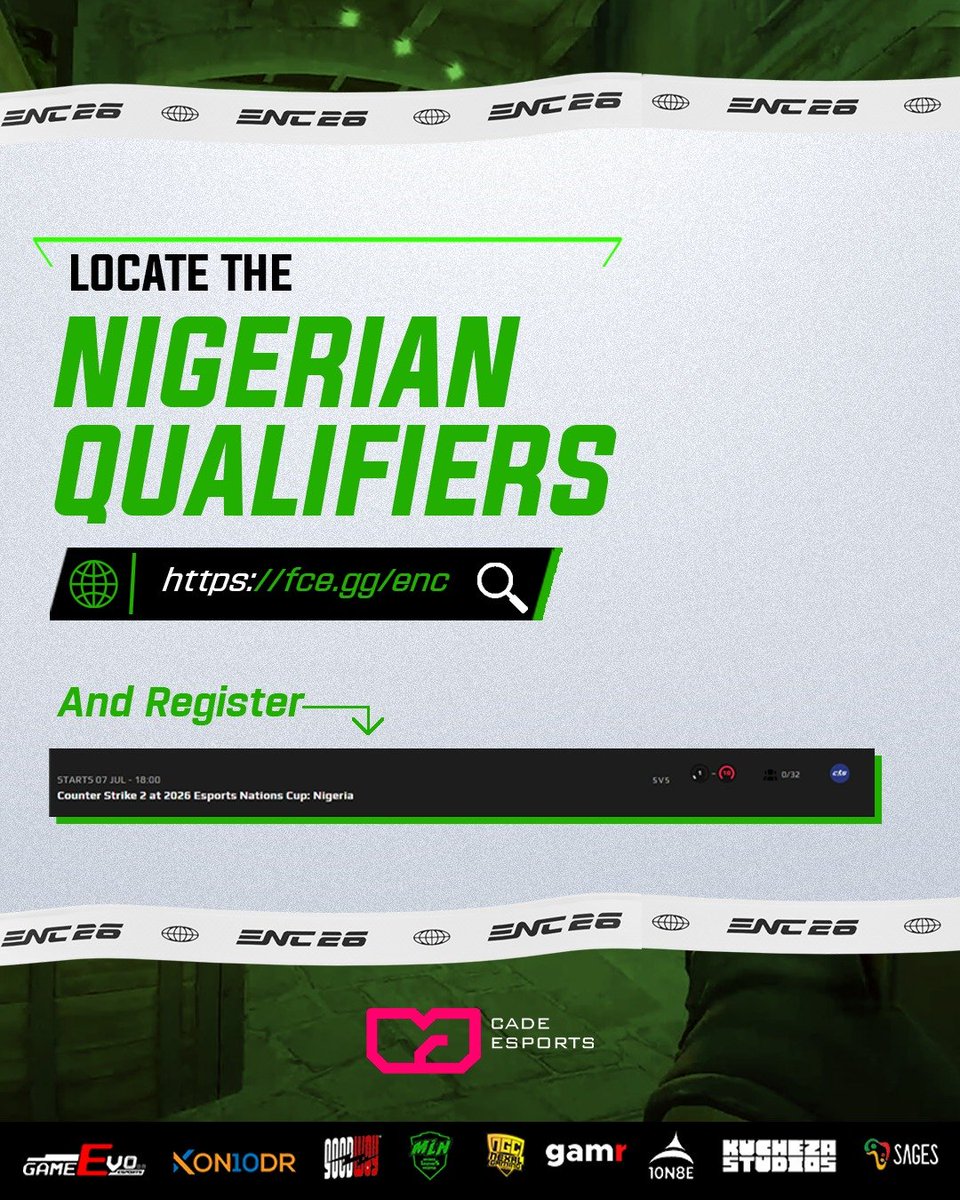 TeamNGR_Esports's tweet photo. Nigeria has been selected for the Counter-Strike 2 National Qualifiers at ENC 26 ๐ณ๐ฌ
Form your team. Register. Compete for the chance to represent Nigeria at the Regional Qualifiers.
Registration link below ๐
https://t.co/f1BLwYwdGV
#ENC #ENCNGN https://t.co/dnv3HfXZzF