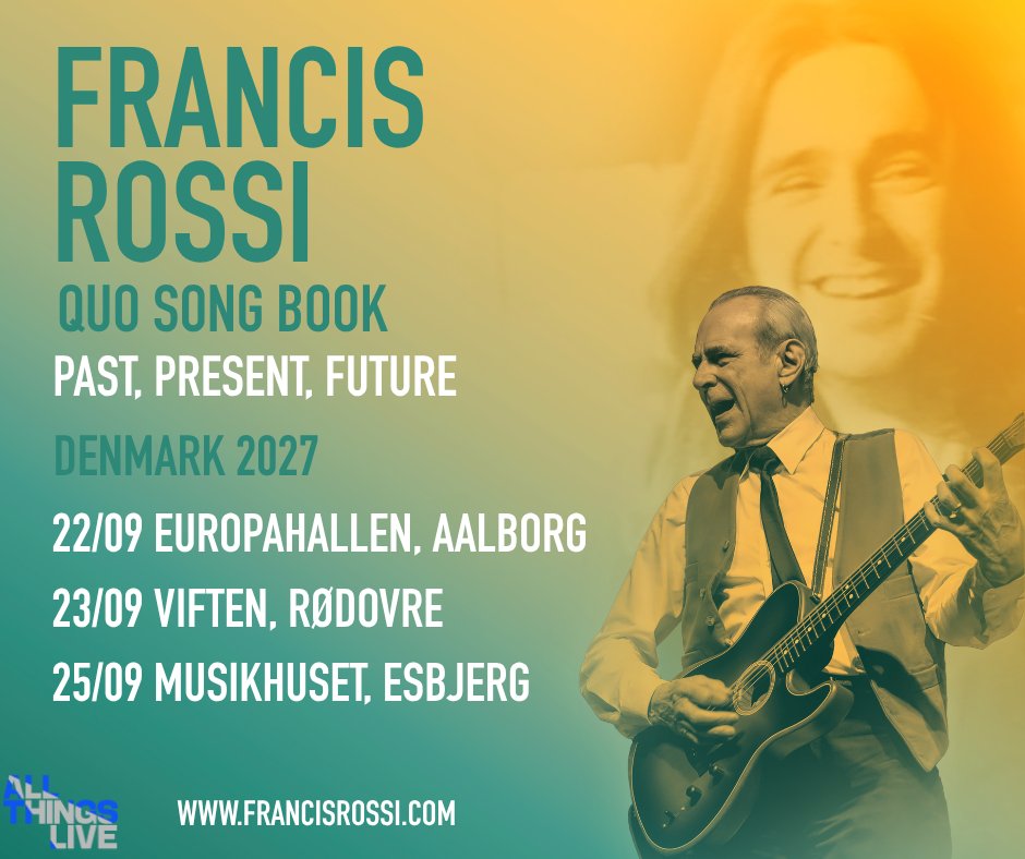 Status_Quo's tweet photo. FR is delighted to announce that he will be returning to Denmark for 3 dates only in 2027.
Tickets go on sale 10am CEST on June 26th from https://t.co/DxrNZrq0Id
#FrancisRossi #Songbook #Tour #Denmark #AllThingsLive https://t.co/KU2KiPKtHA