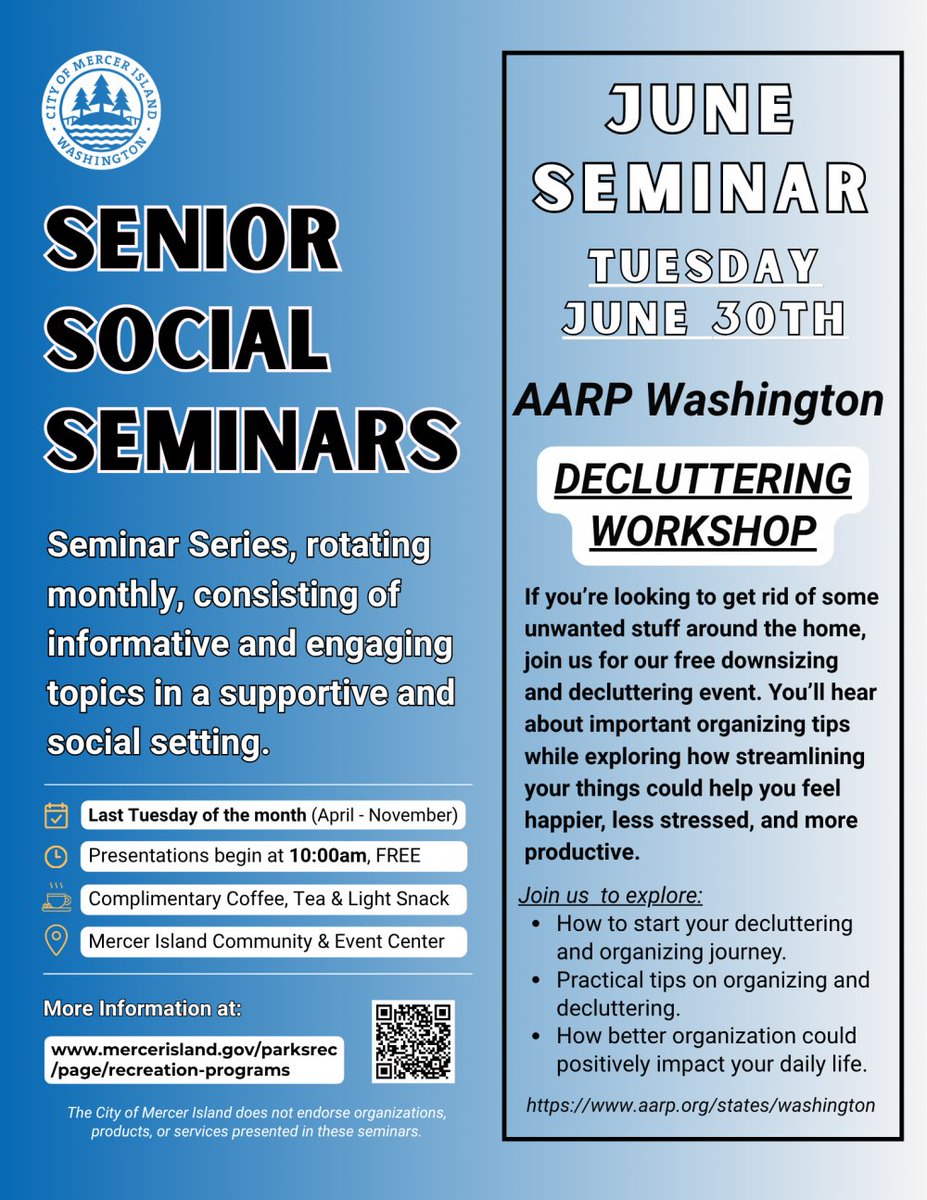 mercergov's tweet photo. Clear out unwanted home clutter! Join @AARPWA for a free Decluttering Workshop on Tuesday, June 30 (10-11 AM) at the MICEC. Get top organizing tips to stress less. Free coffee, tea &amp; snacks; no registration needed. Info: https://t.co/SqiW0QAJ89 https://t.co/1jb2sK9yIn