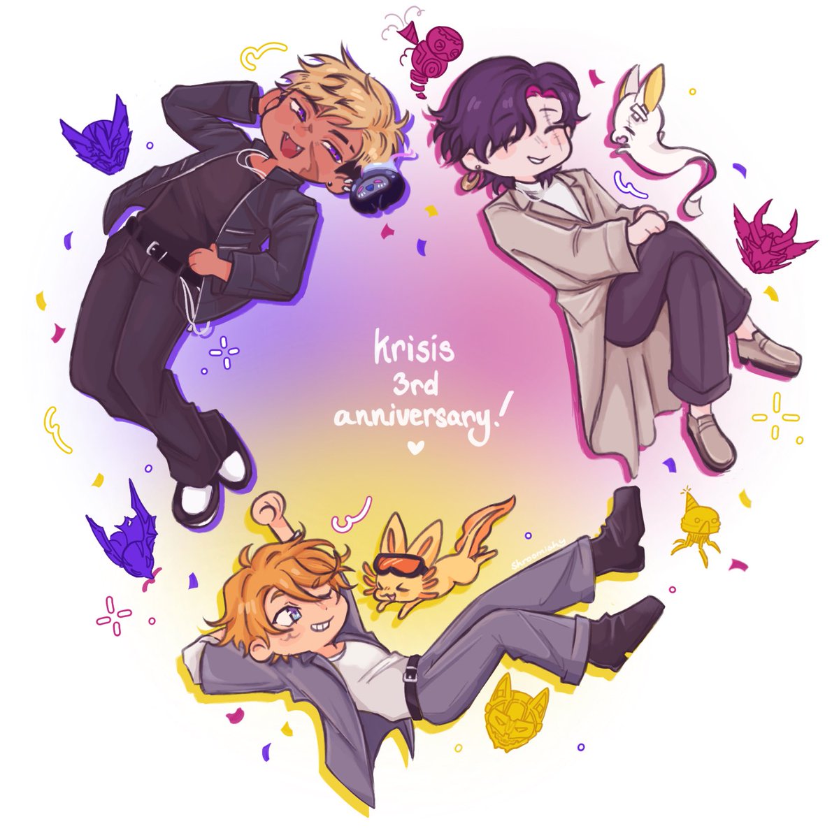 shroomishy's tweet photo. happy 3rd anniversary krisis!! 💙💜💛
#Krisis3rdStrike
 #Vantalism #zalillust #YuDrawWilson https://t.co/OSsFuwYVIz