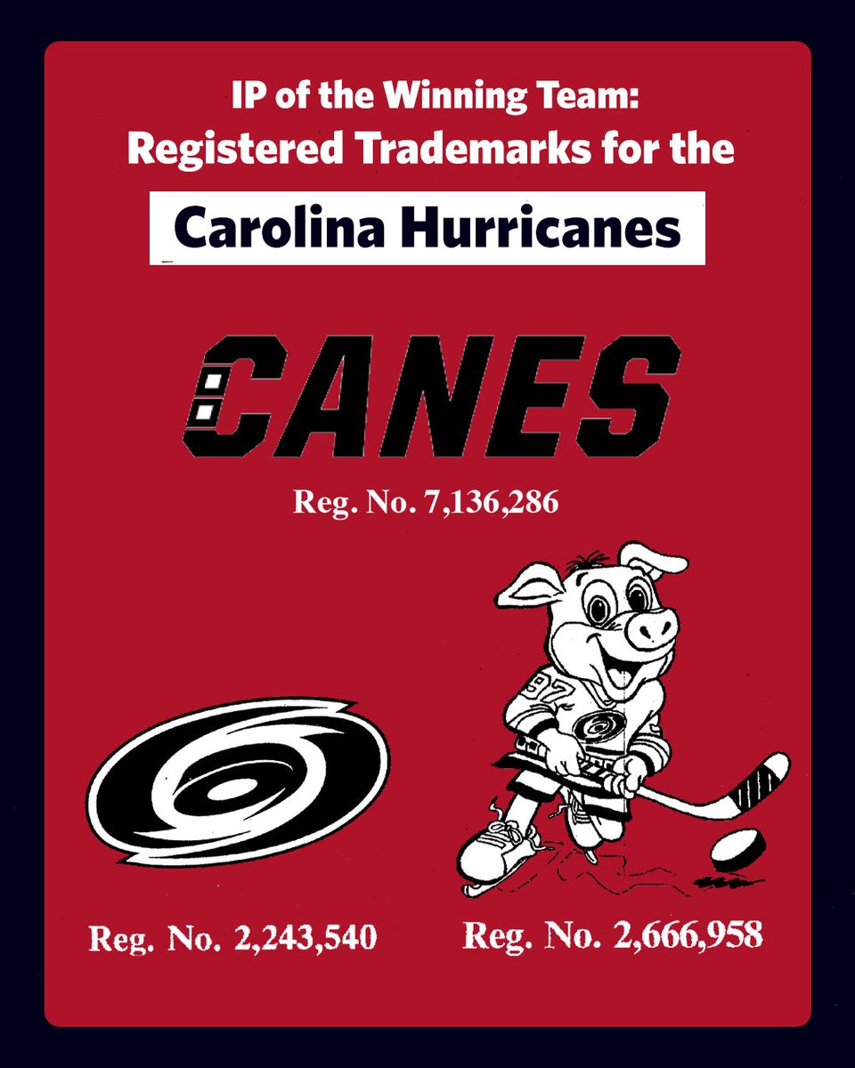 The image showcases registered trademarks for the Carolina Hurricanes. It features the word "CANES" with registration number 7,136,286, the Hurricanes logo with registration number 2,243,540, and a cartoon pig in hockey gear holding a stick, with registration number 2,666,958. The background is red with white text at the top.