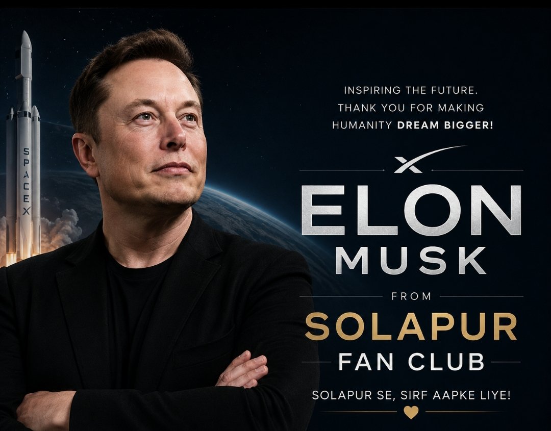 iBHARAT99's tweet photo. "@elonmusk
Sir, Namaste from Solapur, India! 🇮🇳
Launching Elon Musk Fan Club Solapur to inspire local students with your Tesla, SpaceX &amp; multi-planetary vision.
Please bless it with a reply! 🙏🚀
Jai Hind!
#ElonMusk #Solapur" https://t.co/cmjVBhEGxR