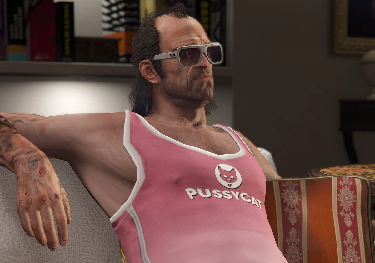 wlwrwena's tweet photo. trying to lock in but the pink tank top... the nipples showing through the fabric... trevor please just let me suck on them once and i'll focus on the mission i swear🧎 #TrevorPhilips #gtaV #grandtheftautofive https://t.co/onkWr42vGt