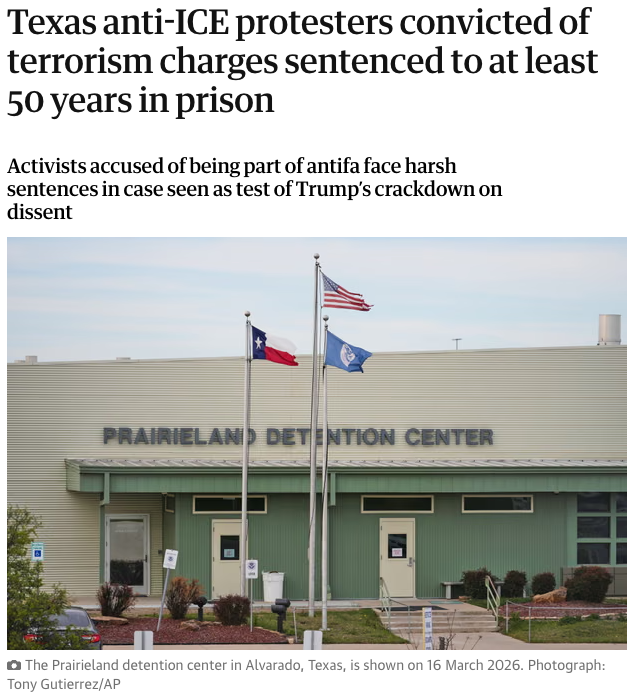 joewrote's tweet photo. The anti-ICE protestors persecuted by the government just received their sentences. These are the first prosecutions under Trump's directive that Antifa is a domestic terrorist organization.

For the crime of moving a box of leftist magazines, Daniel Sanchez-Estrada was sentenced to 30 years in prison.

For the crime of attending a protest outside an ICE facility, Zachary Evetts, Autumn Hill, Savanna Batten, Elizabeth Soto, and Meagan Morris were sentenced to 50 years in prison.

For the crime of attending the demonstration and asking her husband (Sanchez-Estrada) to move the magazines, Maricela Rueda was sentenced to 70 years in prison.

For the crime of defending himself with a legal firearm, only firing after a cop raised his gun, a fact that was hidden during the trial, Benjamin Song was sentenced to 100 years in prison.

Americans are being given de-facto life sentences for protesting their government, exercising their freedom of speech, and defending themselves. The fascism you worried about is here.
