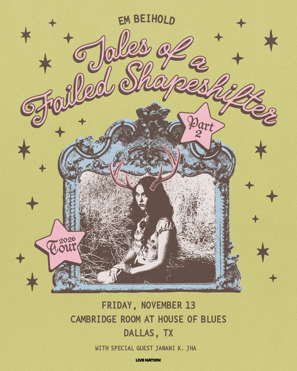 HOBDallas's tweet photo. JUST ANNOUNCED 🦌 @EmBeihold – Tales of a Failed Shapeshifter in Cambridge Room at House of Blues Dallas on Friday, November 13th!

🎫 Tickets on sale Fri, 6/26 at 10am at https://t.co/JuVEX7OAht https://t.co/Y6w8pkz3Hm