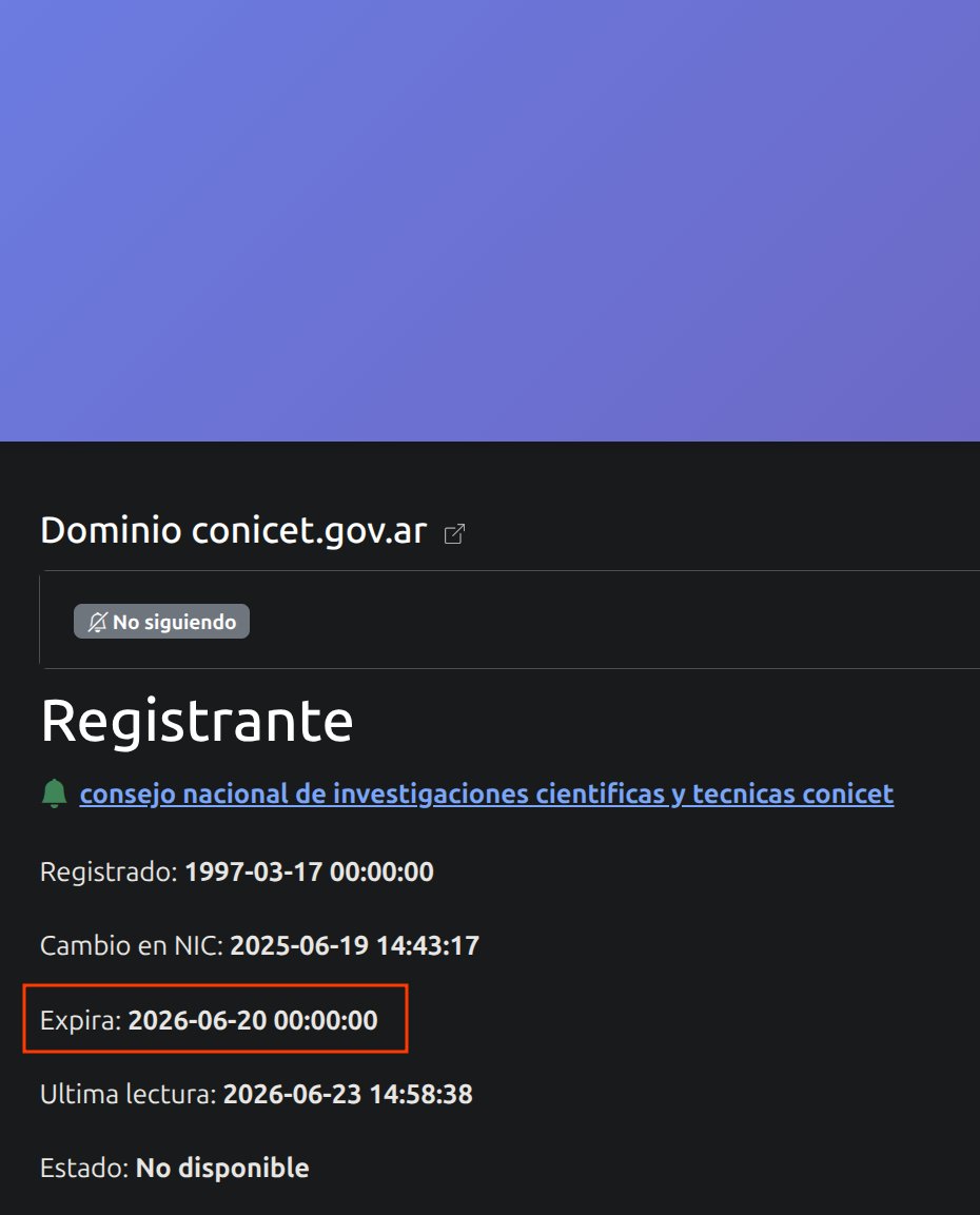 avdata99's tweet photo. Una foto mas de tantas de como esta la ciencia en Argentina.
Todavia queda el goV-ar andando pero si no los renuevan se van a caer @CONICETDialoga.
Hoy todos los dominios aparecen expirados https://t.co/cBBWS8V2nS