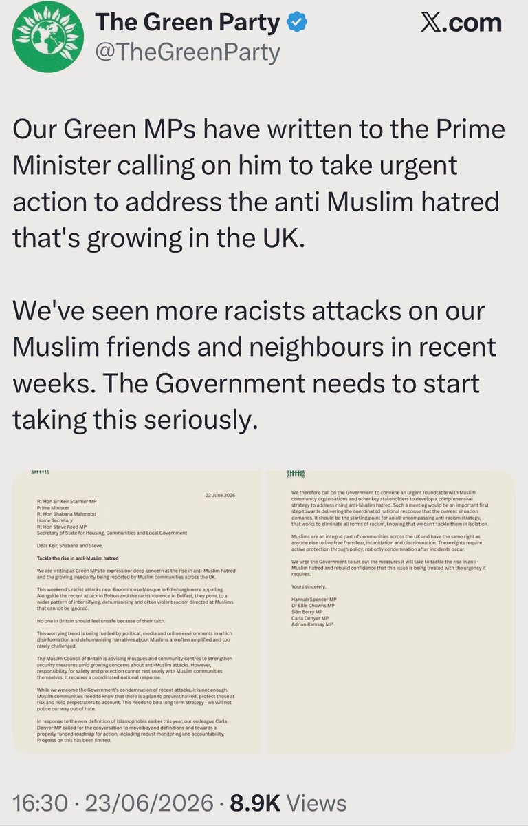 SubversiveForce's tweet photo. Amazing coincidence!

“We therefore call on the Government to convene an urgent roundtable with Muslim community organisations…”

Captured Hannah Spencer meets with the MCB and, voilà, a letter mentioning MCB is sent to the Government. It’s almost as if they wrote it…

The MCB is so desperate to get themselves back at the top table.