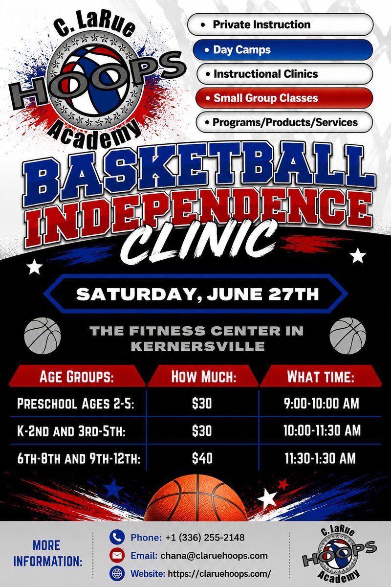 ChanLaRue's tweet photo. C. LaRue Hoops - Clinic Alert 

Saturday, June 27th

Basketball Independence Clinic

Registration: 2-5 years old
https://t.co/k9tXP8JZdW

Registration: K-5th Grade 
https://t.co/1UVPb6dnlZ

Registration: 6th-12th Grade 
https://t.co/x6xuRWkGoU

#basketball #basketballislife https://t.co/CdifiKDmOv