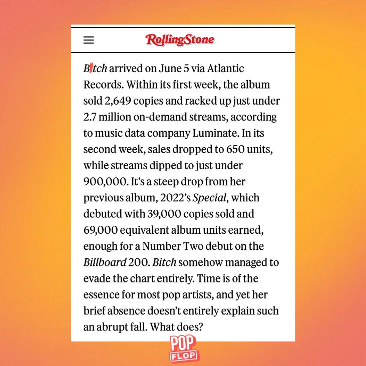 ThePopFlop's tweet photo. Rolling Stone reports that Lizzo’s recent album ‘BITCH’ sold 2,649 units in its first week of release. 

— The album failed to chart on the Billboard 200. https://t.co/WjacqCPzYM