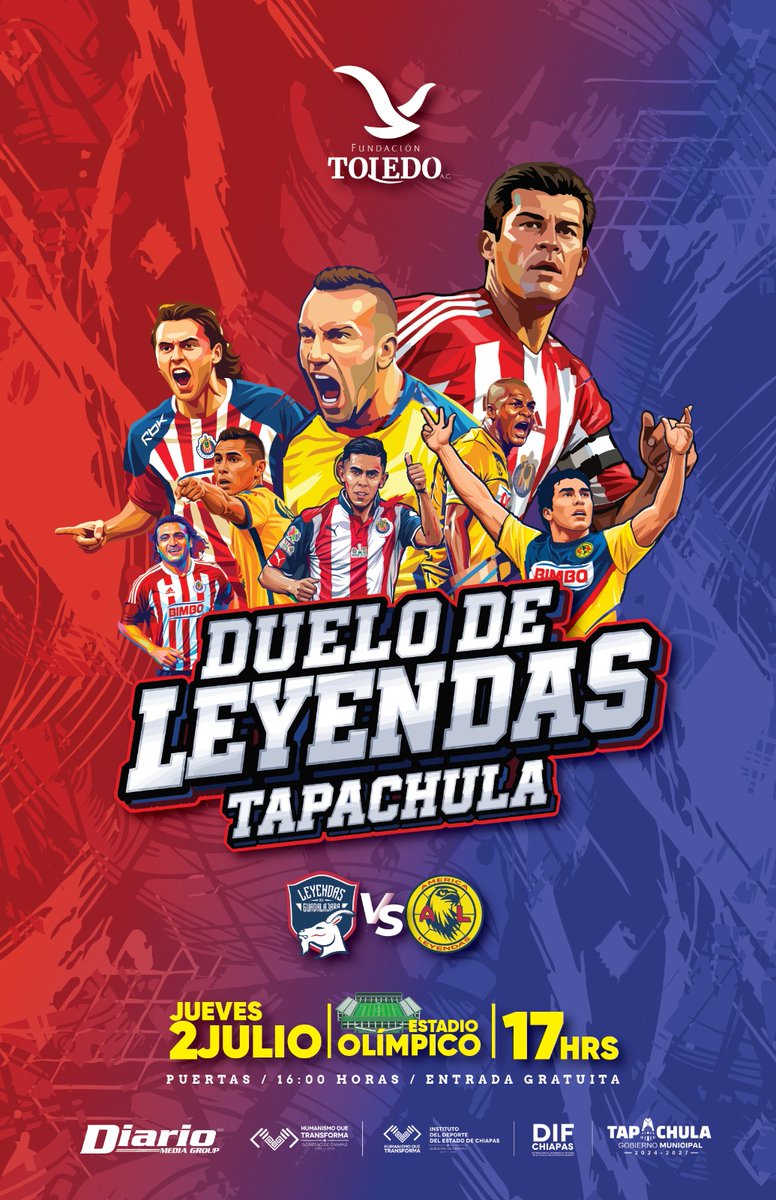 FundacionToled0's tweet photo. ¡Duelo de Leyendas en Chiapas! América vs Chivas. Jue 2 julio, Tapachula ¡Entrada gratis! #FundaciónToledo #Chiapas   Mayor información aquí👉https://t.co/Mceqy65EUE https://t.co/mWeB7lim9L