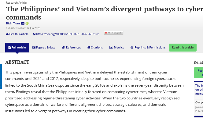 JITP_APSA's tweet photo. 🆕 This article investigates why the #Philippines &amp; #Vietnam delayed their cyber commands in 2017 &amp; 2024 despite undergoing their own #cyberattacks linked to the #SouthaChinaSea
➡️@BicTranVn @RSIS_NTU 
📚https://t.co/l5QbB5Xmtk
@apsa_itp 
@APSAtweets https://t.co/zzeKs5Xj7N