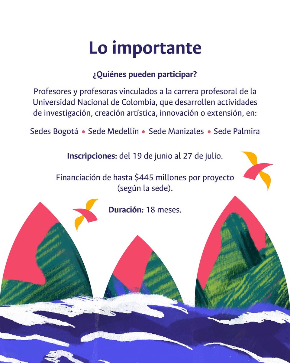 UNALOficial's tweet photo. #DocentesUNAL 💡¿Tienes un proyecto de investigación, innovación o creación artística? Postúlalo para acceder a financiación de hasta $445 millones. Convocatoria dirigida a las sedes @BogotaUNAL, @MedellinUNAL, @ManizalesUNAL y @PalmiraUNAL.👉 https://t.co/nepdlIhD0N https://t.co/NJLEu8yiGP