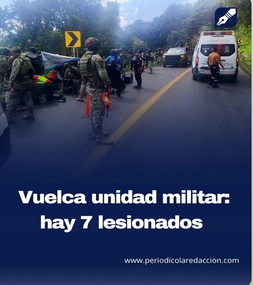 laredaccion_lp's tweet photo. 🚨 Accidente en la carretera Morelia–Quiroga

Una camioneta del Ejército Mexicano volcó la mañana de este martes a la altura de Atzimbo, dejando al menos siete elementos lesionados.

Más información en los comentarios 👇 

#Michoacán #Quiroga  #EjércitoMexicano https://t.co/rI4NDLC9gk