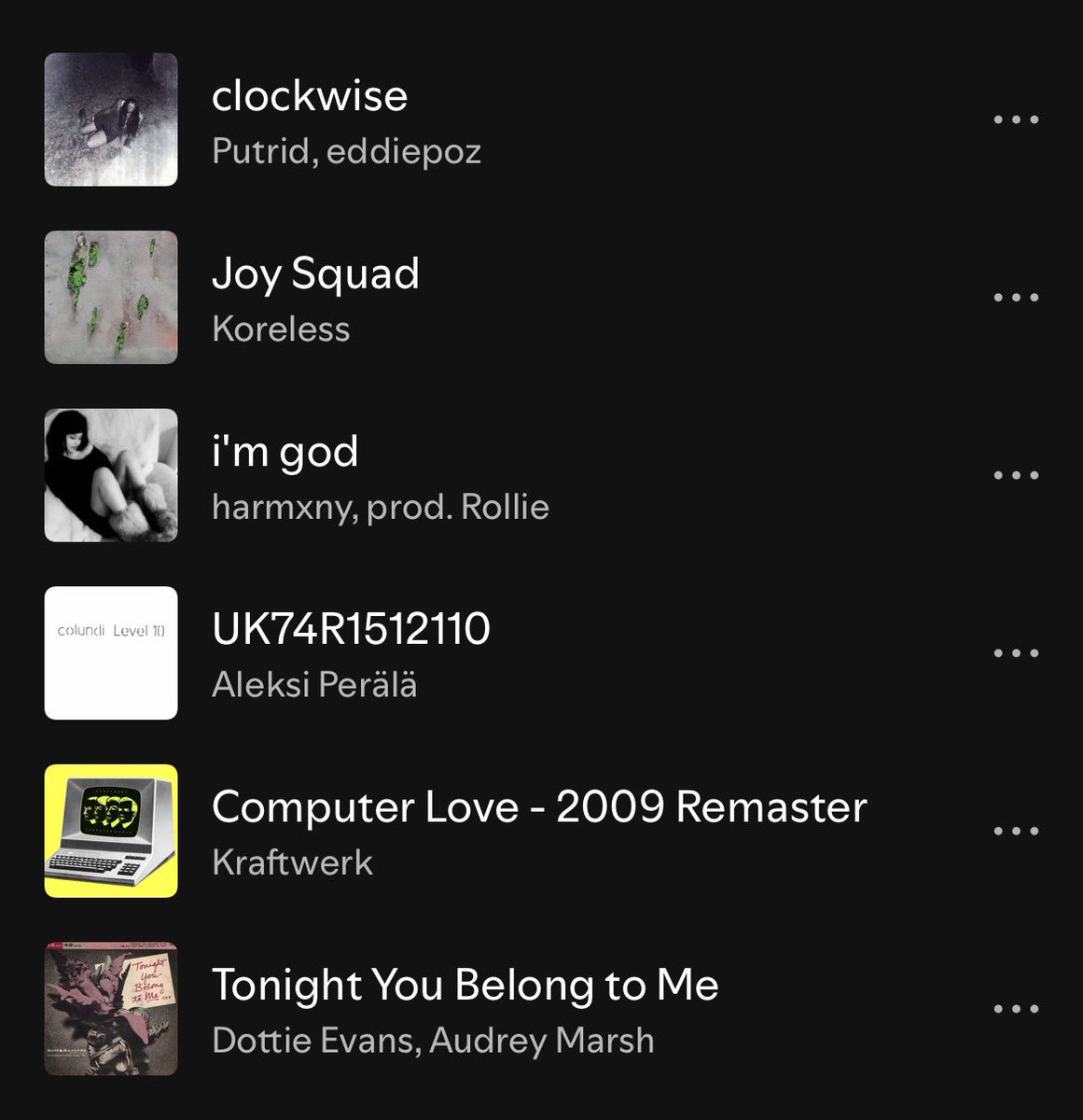 likeafantasy__'s tweet photo. illit’s previous pre-comeback insta songs from pre-nca #throwback
 
• putrid, eddiepoz - clockwise
• koreless - joy squad
• harmxny, prod., rollie - i’m god
• aleksi perälä - UK74R1512110
• kraftwerk - computer love
• dottie evans, audrey marsh - tonight you belong to me https://t.co/ZfeBikvQRN