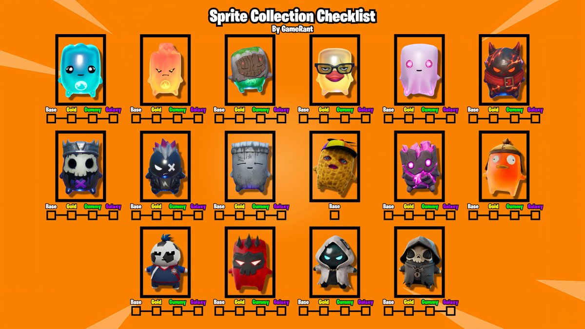 NathRound's tweet photo. Updated Sprite Checklist for #Fortnite, now with Gummy Sprites!
(My bad. Missed them the first time around🤦‍♂️)

Lookout for another update the following Thursday! https://t.co/BinFWv4sUb