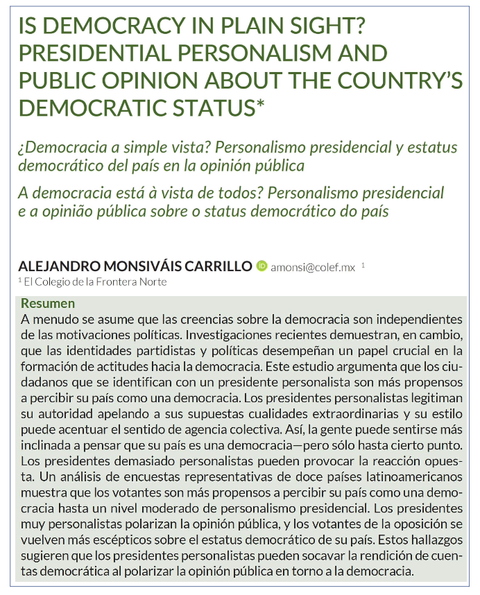 GerardoMunck's tweet photo. Evaluación de democracia y motivaciones políticas

@AMonsivaisC en la @RevistaLOP muestra que “los votantes son más propensos a percibir su país como una democracia hasta un nivel moderado de personalismo presidencial”. Un análisis interesante.

Descarga: https://t.co/ERF7xQjLAf https://t.co/QDs0IkLiGs
