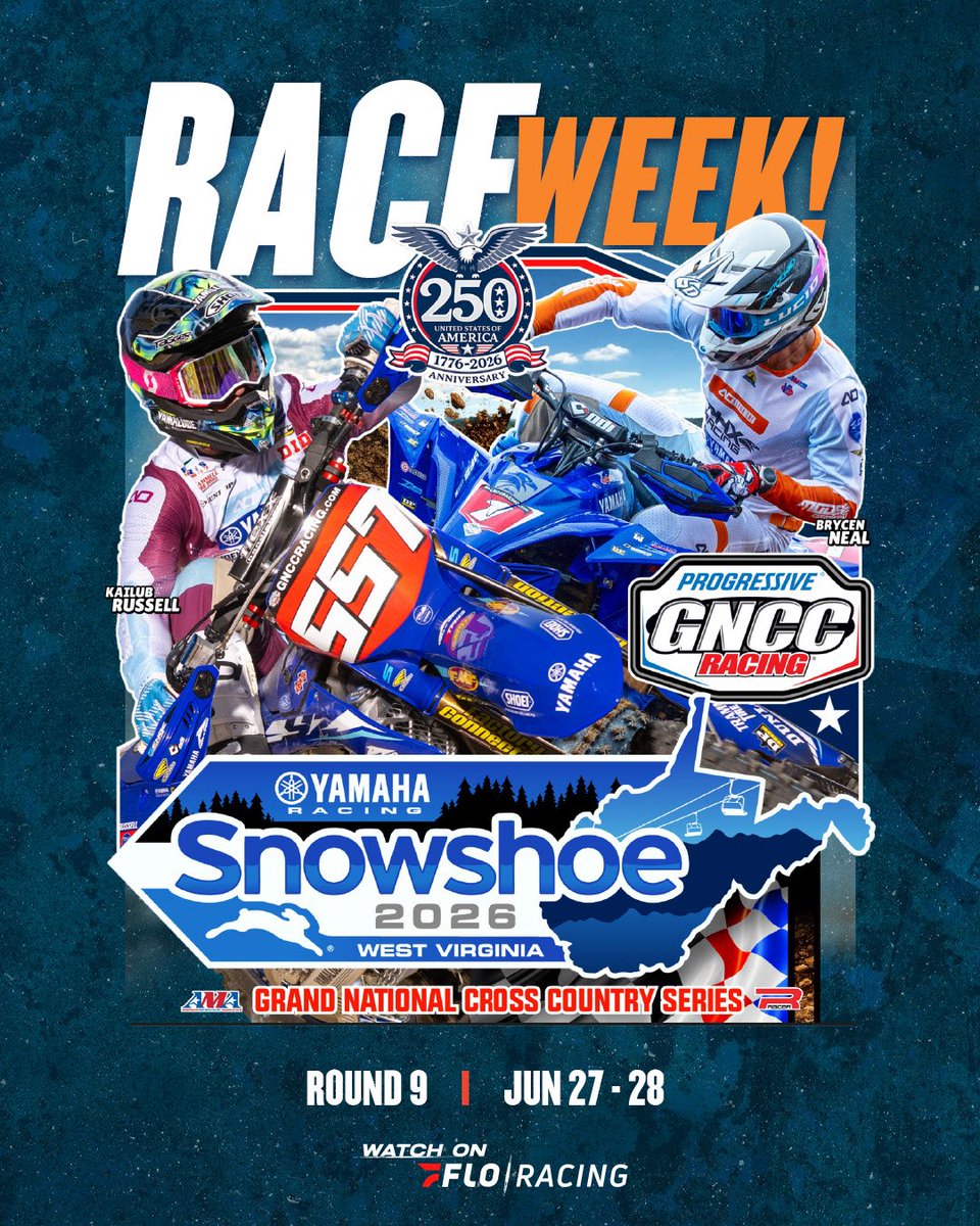 GNCCRacing's tweet photo. Round 9 of the 2026 Progressive GNCC Championship returns to @yamahamotorusa Snowshoe GNCC 🏔️

Join us for this amazing event before we enter the summer break ➡️ Catch the action LIVE on @floracing 

@progressive #GNCCRacing https://t.co/Co68QFXZ8R