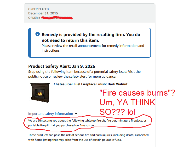 BlackNinjaMist's tweet photo. Amazon, what is this special ed, handicap bullshit that you're promoting to the average American consumer?😆 Fireplaces being recalled because fire causes injuries? NO SHIT, SHERLOCK. Play with fire, get burned.

Like, are people idiots? #dontplaywithfire https://t.co/Prx784D2R4