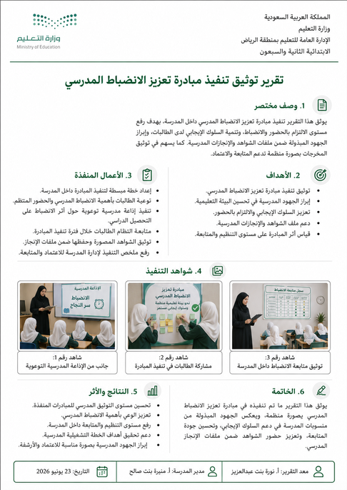 GeneratePrompt's tweet photo. هذا البرومبت بيوفر عليك وقت طويل في إعداد التقارير المدرسية.

يصمم لك تقريرًا تعليميًا كاملًا من صفحة واحدة:
رسمي، مرتب، واضح، وجاهز للطباعة.

كل اللي عليك:
ترفق صور الشواهد + شعار وزارة التعليم
والأداة تتولى التصميم والتنسيق.

الـ prompt ⬇️ https://t.co/DBeGVIQ9cG