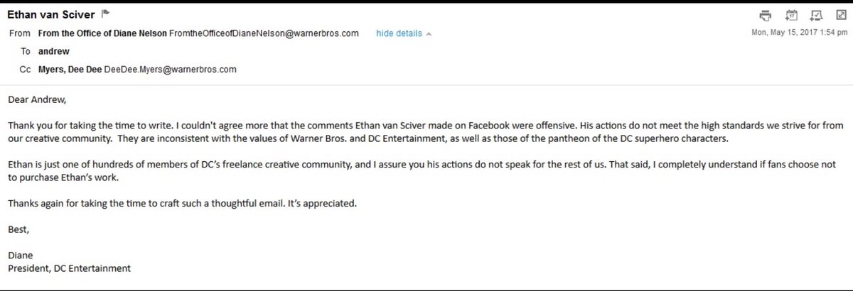 EthanVanSciver's tweet photo. This is the guy who wrote an impassioned letter to the head of Warner Brothers to get me fired from my job at DC Comics.  It got forwarded to Dee Dee Myers, who worked for the Clinton Administration.  

Andrew Farago.   He wanted me dead.  

This is sublime.  God is real. 

Heather Antos is next.
