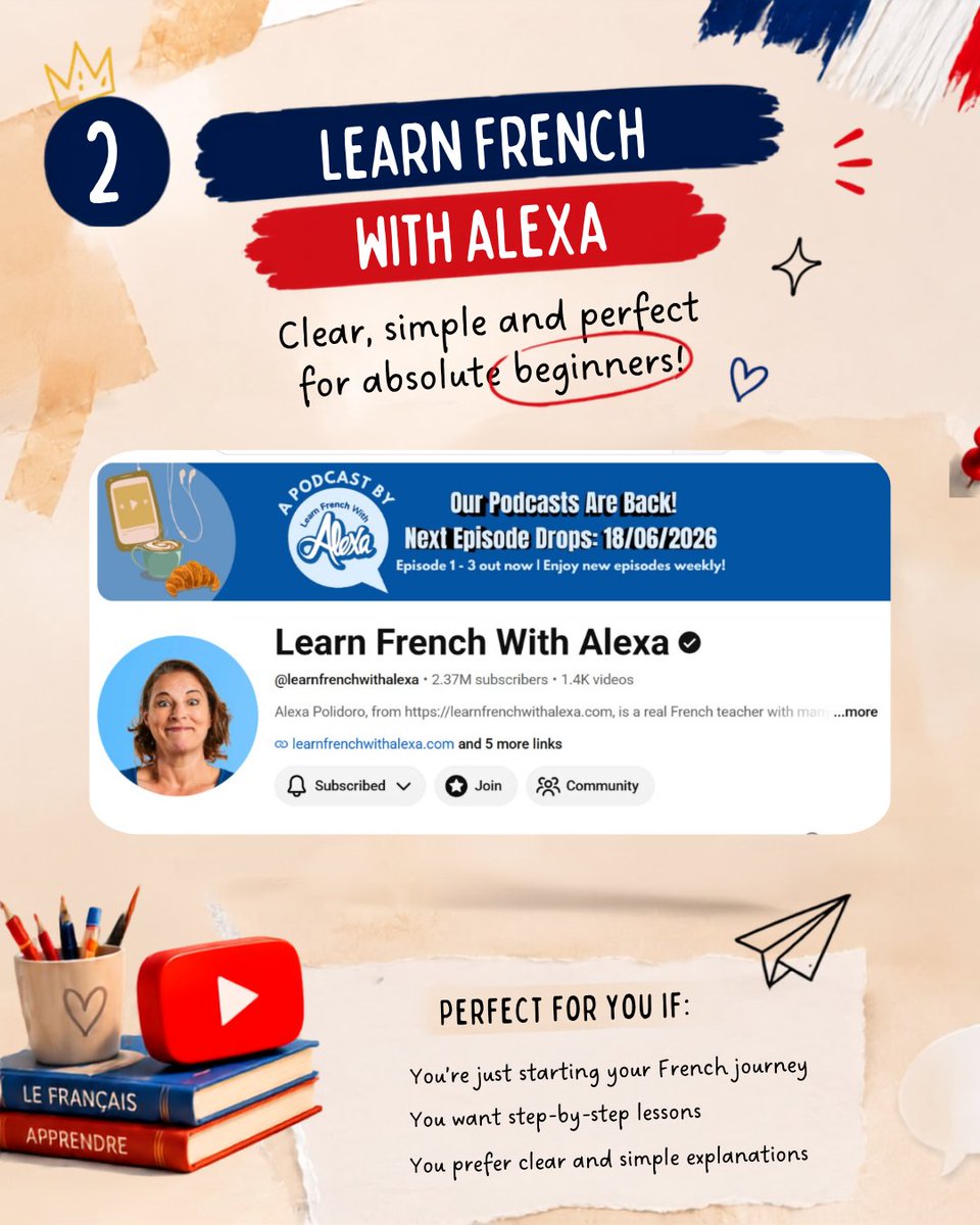 LeblancFrench1's tweet photo. 🇫🇷 5 YouTube channels every French beginner should know.

Save this for later 📌
Which one are you trying first?
#FrenchLearning #LearnFrench #StudyFrench https://t.co/GrWDotJxRe