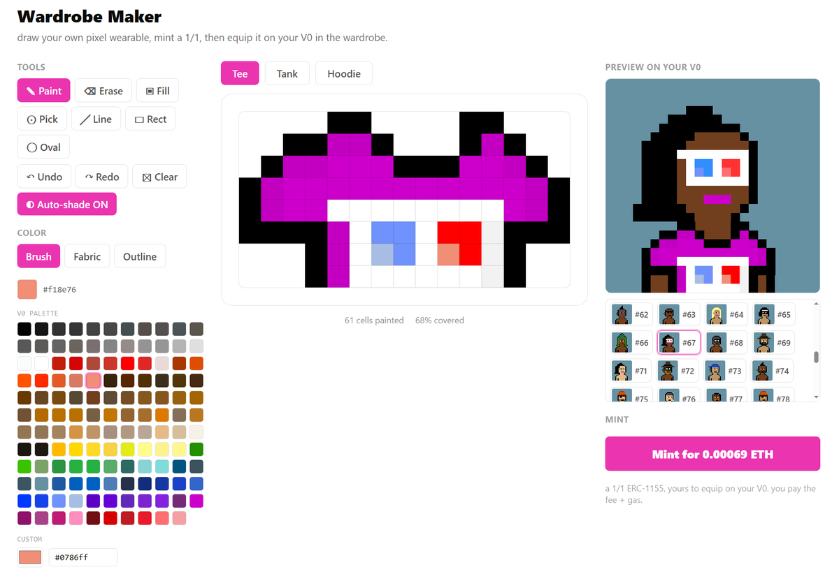 v0punk's tweet photo. we drew the wardrobe. today we hand you the brush.

the V0 wardrobe maker is live.

design your own fit for your punk, pixel by pixel. 
pick a tee, tank or hoodie, paint it, watch it land on your v0 in real time, then mint it 1/1 and wear it.

your punk. your hand. your fit.

👉https://t.co/oYnW18DOyQ