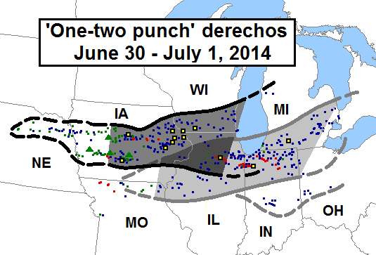 weather_history's tweet photo. June 30-July 1, 2014:

A "one-two punch" derecho event impacted much of the Midwest and Great Lakes regions. The most continuous and intense damage occurred over eastern IA, northern IL, and northern IN, where some locations were affected by both storm systems.

#wxhistory https://t.co/uCKOssBdXg