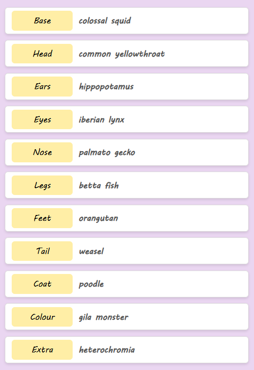 PeytoBlue's tweet photo. I did the thing- the random animal generator, and it was so interesting seeing it come together TOT https://t.co/xnwuFVM2mp