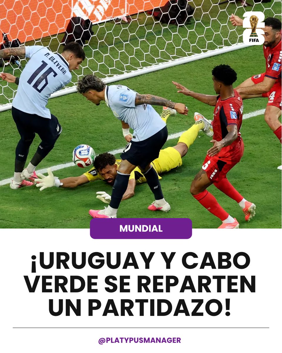 PlatypusManager's tweet photo. GRUPO H
🇺🇾 2 - 2 🇨🇻

¡URUGUAY Y CABO VERDE FIRMAN UN EMPATE DE ALTO VOLTAJE! ⚽🔥

Uruguay y Cabo Verde empataron 2-2 en el Estadio Miami, en el cierre de la segunda jornada del Grupo H de la Copa Mundial de la FIFA 2026™, en un partido lleno de cambios de ritmo y emociones hasta el final.

Cabo Verde sorprendió primero al minuto 21 con un gran tiro libre de Kevin Pina que abrió el marcador. Sin embargo, Uruguay reaccionó con fuerza antes del descanso: Maxi Araújo igualó tras un rebote al 44 y luego asistió a Agustín Canobbio para el 2-1 al 45+6.

En el segundo tiempo, los africanos volvieron a golpear. Helio Varela aprovechó un error defensivo para definir el 2-2 al 61, devolviendo la igualdad en un encuentro muy abierto.

En los minutos finales, ambos equipos tuvieron oportunidades para ganar, pero las defensas y la falta de precisión mantuvieron el empate hasta el pitazo final.

Nuestra opinión: Fue un partido entretenido, con momentos de ida y vuelta constante y cambios en el dominio del juego. Uruguay mostró carácter para remontar, pero volvió a sufrir desconcentraciones defensivas que le costaron caro. Cabo Verde, por su parte, sigue demostrando que no es sorpresa y compite de tú a tú contra cualquier rival del grupo.

En la última jornada, Uruguay se enfrentará a España en un duelo decisivo, mientras que Cabo Verde buscará su clasificación ante Arabia Saudí. 🏟️

#PlatypusManager #FWC26