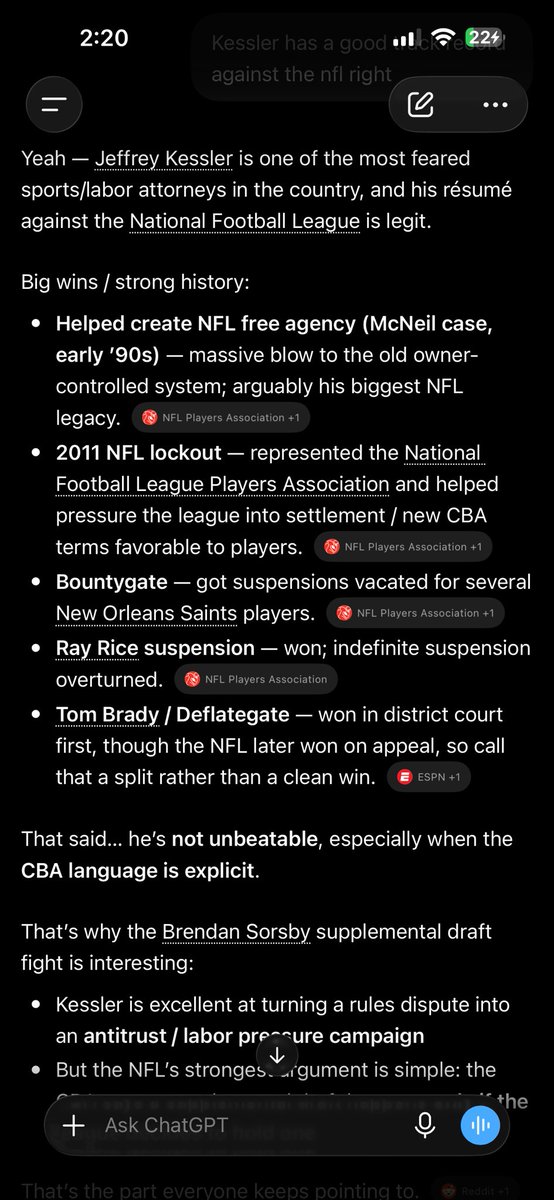 tommybbaby2's tweet photo. @buliopf @alexkatson His lawyer has ties to the nflpa, wouldn’t laugh to hard they see him as potential dues. His lawyers track record is incredible, and not the guy the nfl wants to open up discovery for. All that said I just don’t think we’ve heard the end of it https://t.co/I49AuMRXJs