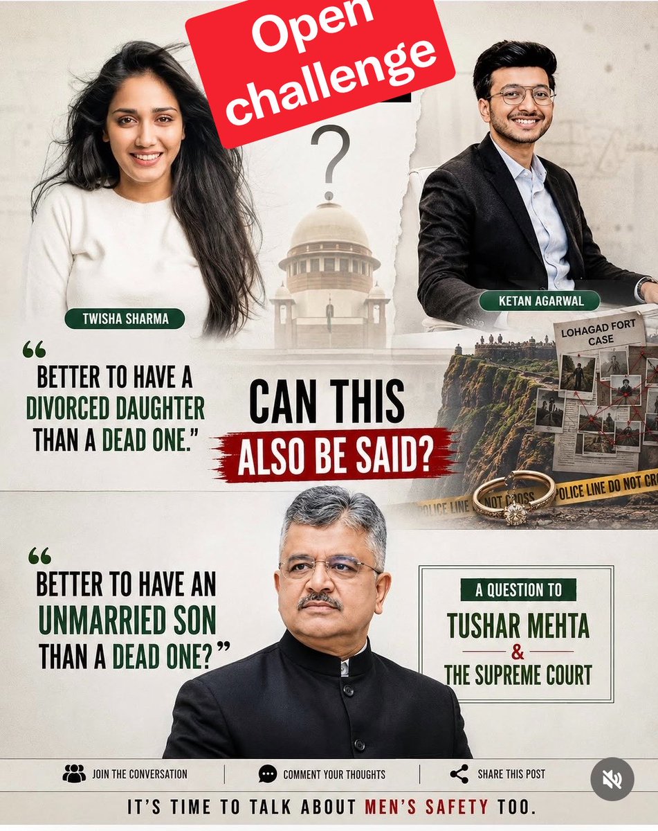 SamSiff's tweet photo. Open Challenge to Tushar Mehta:

You rushed to take the Twisha Sharma case in Supreme Court. 

Now show the same urgency for the Ketan case!

I want to hear you say: 

“Unmarried Son is better than a dead Son”

Equal justice for sons too. No more selective outrage.
