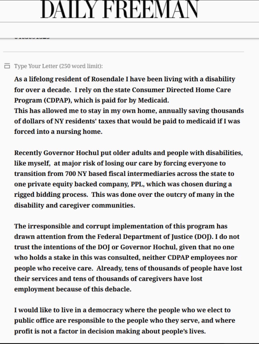 CaringMajority's tweet photo. "I do not trust the intentions of either the federal DOJ or
@GovKathyHochul, given that no one who holds a stake in this was consulted, neither CDPAP employees nor people who receive care.”

—Letter-to-the-editor by Sage Jobsis, Caring Majority leader & CDPAP consumer

https://t.co/oHgFhpDJ9q