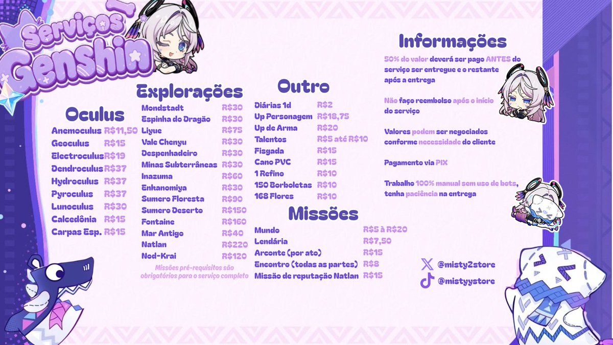 misty2store's tweet photo. ⋆. 𐙚˚࿔ Serviços Genshin 𝜗𝜚˚⋆
Tabela de preços atualizada! 🫧
𝜗ৎ Pedidos e dúvidas pela DM 
⊹₊˚‧︵‿₊୨ᰔ୧₊‿︵‧˚₊⊹ https://t.co/AkDNFzHlkM