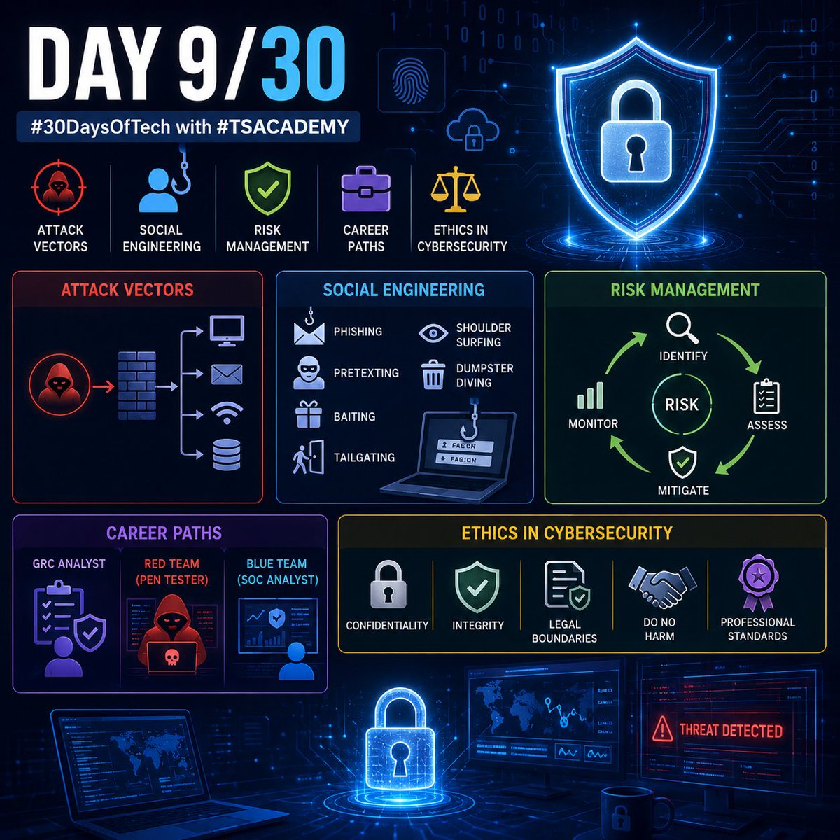 Edimek339978's tweet photo. Day 9/30 – #30DaysOfTech with @TechSphereAcad 🚀

Today, I learned about attack vectors, social engineering techniques, risk management, cybersecurity career paths, and the importance of ethics in cybersecurity.

#30DaysOfTech #LearningWithTS #CyberSecurity #TechJourney https://t.co/58jMU2ZLgU
