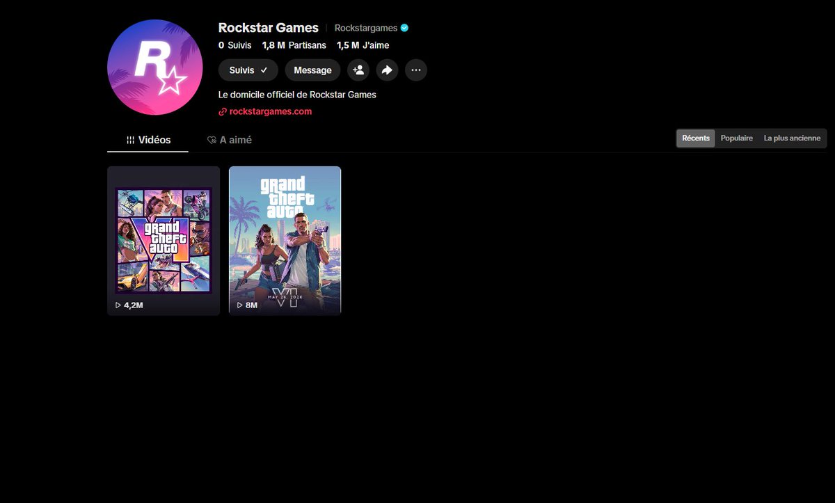ActuGamingF4R's tweet photo. Rockstar retire tout leur video de leur compte tiktok !

Il reste juste leur annonce pour les precommande et le trailer 2 ! https://t.co/6wRg9BPk5U