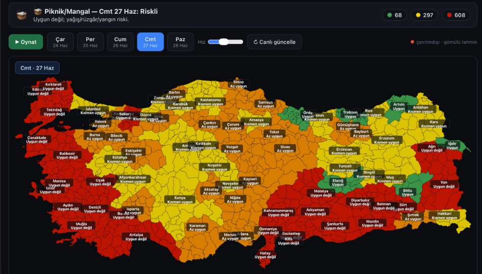 Mikdatca's tweet photo. Bu yaz mevsiminin en önemli sorusu önümüzdeki hafta sonu Türkiyenin neresi piknik/mangal için uygun; nereleri uygun değil?  Türkiye genelinde yağış, rüzgâr ve yangın riskine birlikte bakınca önümüzdeki hafta sonu kesinlikle piknik yapılmaması gereken yerler şunlar🔥💥 https://t.co/nIF46B3u29