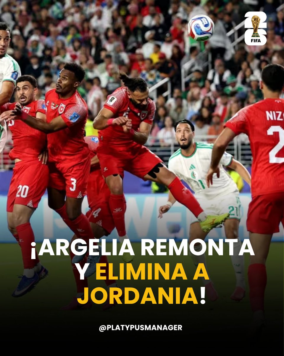 PlatypusManager's tweet photo. GRUPO J
🇯🇴 1 - 2 🇩🇿

¡ARGELIA REMONTA Y DEJA SIN VIDA A JORDANIA! ⚽🔥

Argelia venció 2-1 a Jordania en el cierre de la jornada 12 de la Copa Mundial de la FIFA 2026™, en un partido clave del Grupo J que terminó definiendo el destino de ambos equipos.

Jordania abrió el marcador al minuto 36 con una gran jugada colectiva que Nizar Al-Rashdan definió con un disparo preciso, adelantando a los asiáticos antes del descanso.

En el segundo tiempo, Argelia reaccionó con fuerza. Nadhir Benbouali empató de cabeza al 69 tras un tiro de esquina, y cuando el partido parecía equilibrado, Amine Gouiri apareció al 82 para firmar la remontada definitiva, luego de una jugada revisada por el VAR.

Nuestra opinión: Fue un partido de dos caras. Jordania supo competir y aprovechar su momento en la primera mitad, pero se desinfló tras el empate. Argelia mostró más carácter y jerarquía en el cierre, imponiéndose en los momentos clave del partido.

Con este resultado, Argelia mantiene vivas sus opciones de clasificación, mientras que Jordania queda eliminada del torneo. 🏟️

#PlatypusManager #FWC26