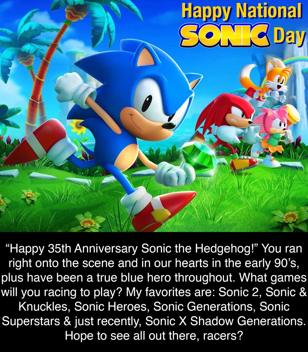 DGameslicer's tweet photo. “Happy 35th Anniversary Sonic!” Our favorite blue hedgehog, that has been racing since 1991. https://t.co/EqaOK13tMS