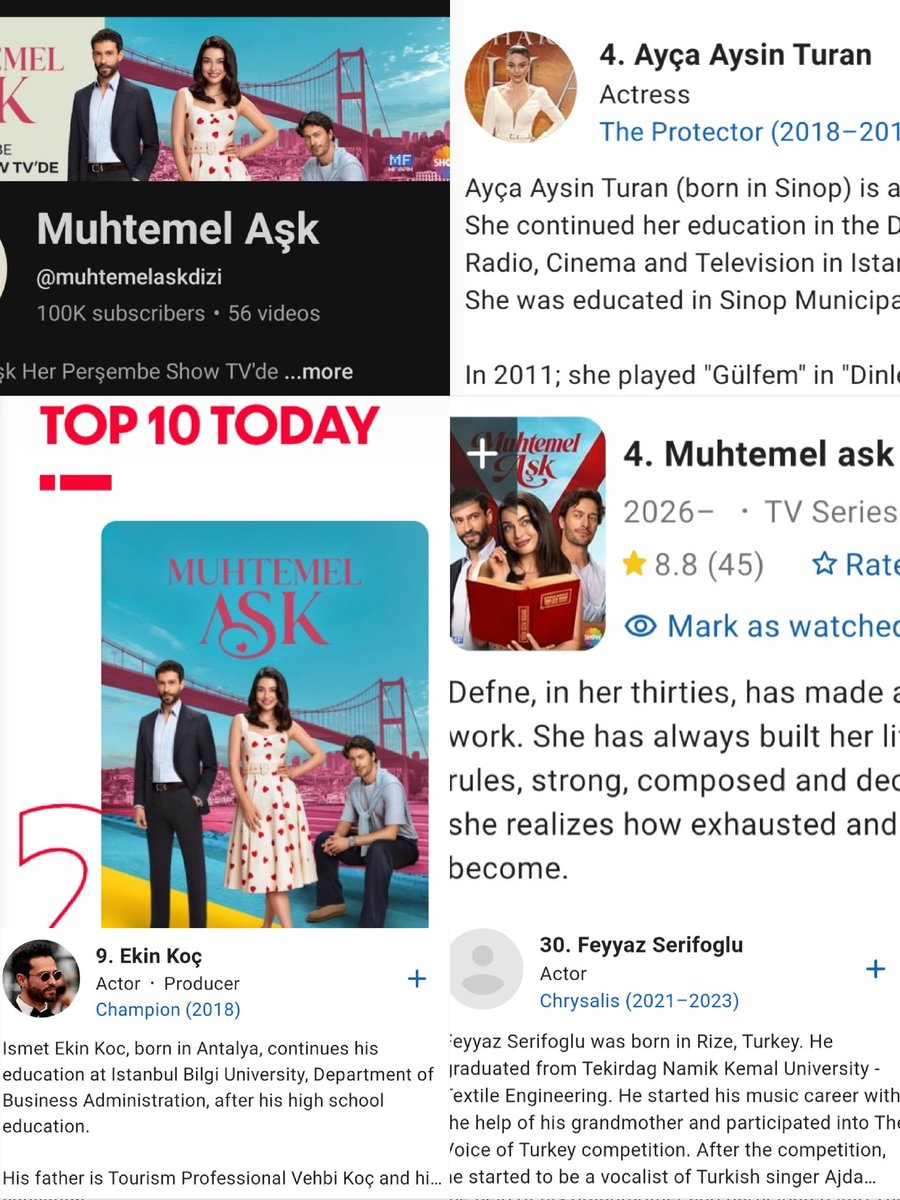 me_era_h's tweet photo. MUHTEMEL AŞK 💙🧿

100K YT subs in 4 DAYS  
Trending TOP 2 on DIZILAH  
Trending 4 on IMDb’s Popular Turkish Series 
All leads are in IMDb’s Top 50 Most Popular Celebrities
#AyçaAyşinTuran ranked 4th on IMDb  
#EkinKoç ranked 9th on IMDb
#FeyyazŞerifoğlu ranked 30th on IMDb https://t.co/fBXQmDLWJJ