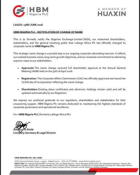 01Megad's tweet photo. Lafarge Africa Plc Officially Rebrands as HBM Nigeria Plc.

In an official corporate action dated June 23, 2026, Lafarge Africa Plc announced a formal change of its corporate name to HBM Nigeria Plc. https://t.co/85Y8u7OMjY