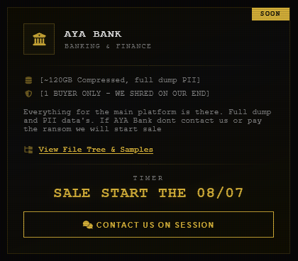 DarkWebInformer's tweet photo. ‼️🇲🇲 LAPSUS$ GROUP claims AYA Bank as a victim

🇲🇲 AYA Bank - A Myanmar-based private bank offering retail, corporate, and digital banking services. https://t.co/901CdI1BRO